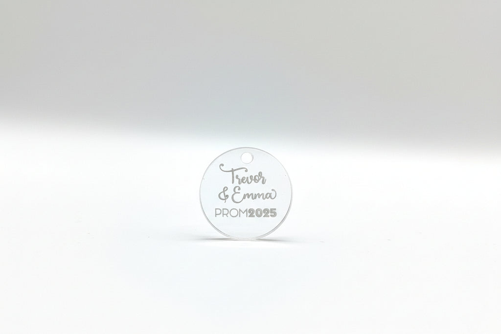 Personalized Floral Charm for Prom & Weddings | Custom Engraved Acrylic Bouquet Tag | Bridal Party Keepsake | Boutonniere & Corsage Accessory