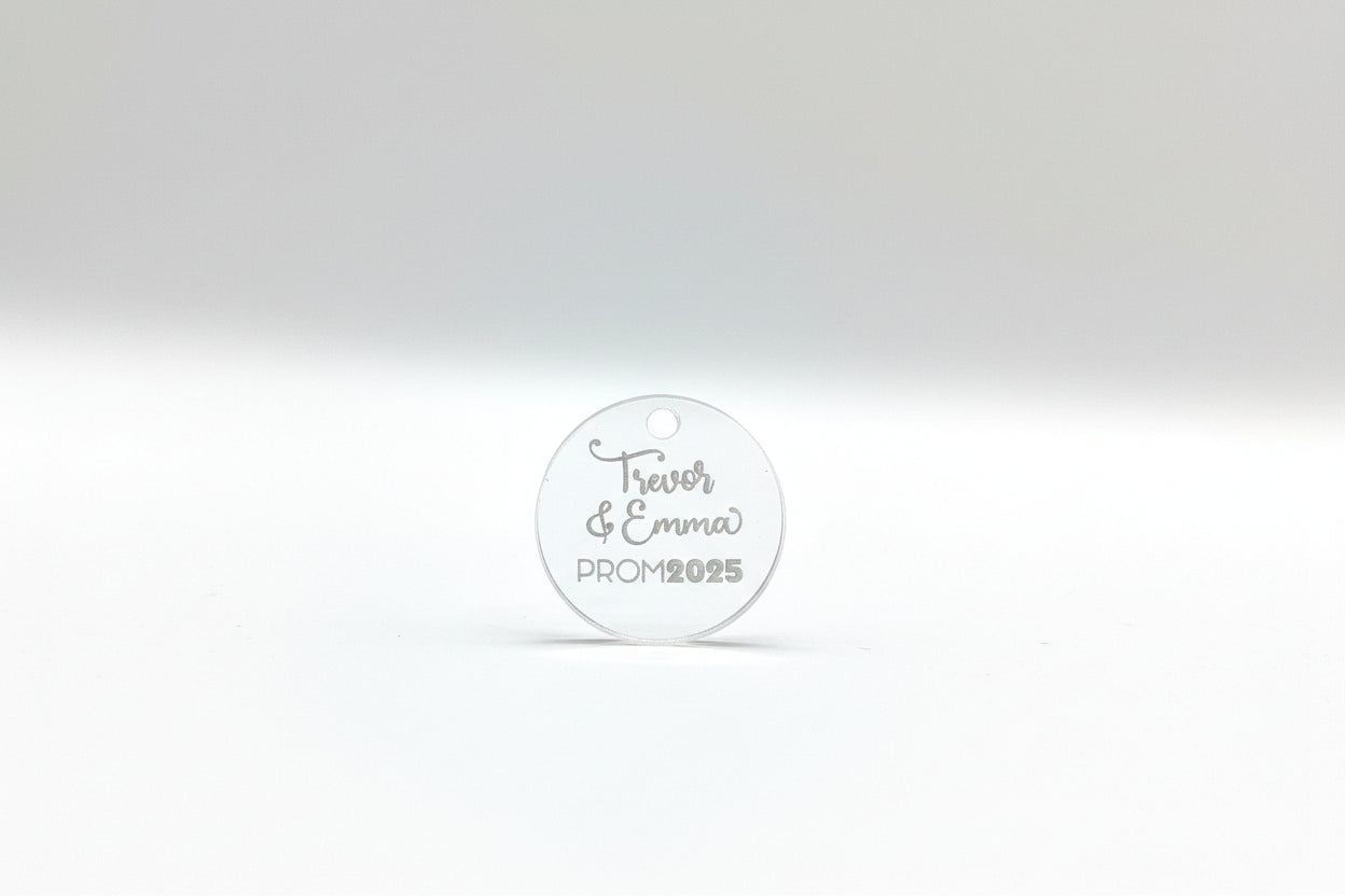 Personalized Floral Charm for Prom & Weddings | Custom Engraved Acrylic Bouquet Tag | Bridal Party Keepsake | Boutonniere & Corsage Accessory