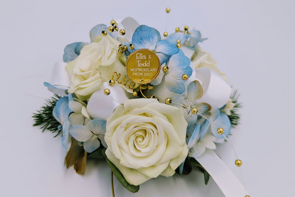 Personalized Floral Charm for Prom & Weddings | Custom Engraved Acrylic Bouquet Tag | Bridal Party Keepsake | Boutonniere & Corsage Accessory