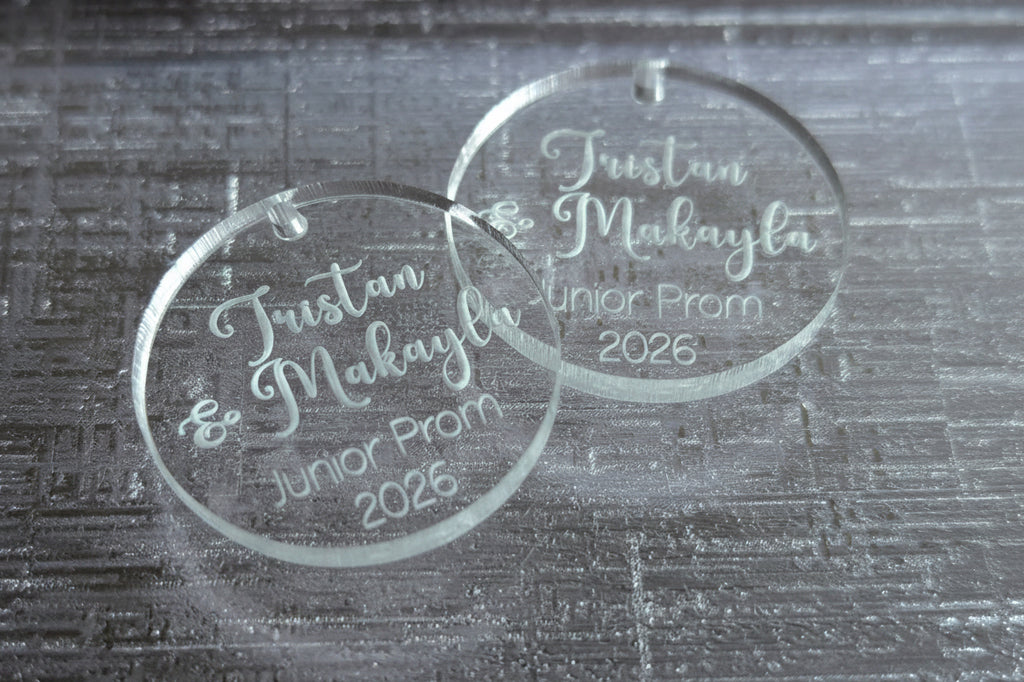 Personalized Floral Charm for Prom & Weddings | Custom Engraved Acrylic Bouquet Tag | Bridal Party Keepsake | Boutonniere & Corsage Accessory