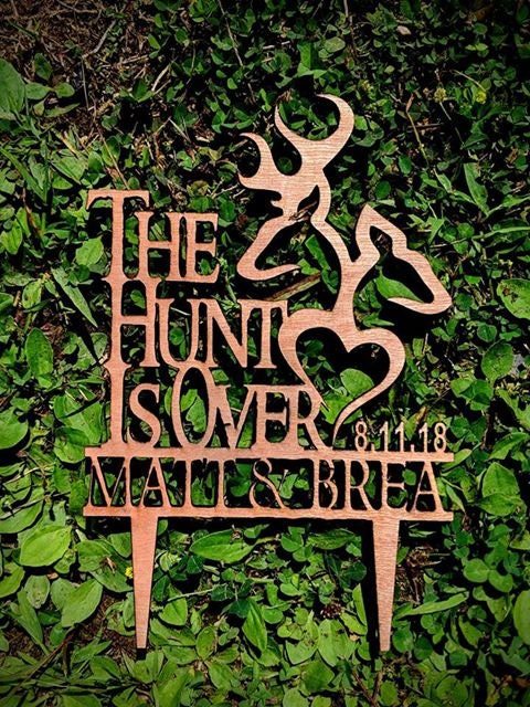 Personalized "The Hunt is Over" Wedding Cake Topper: Rustic Deer Cake Decoration