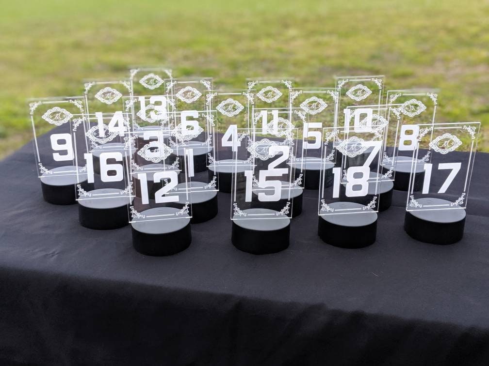 Engraved Acrylic LED Table Numbers: Custom Wedding Reception Decor