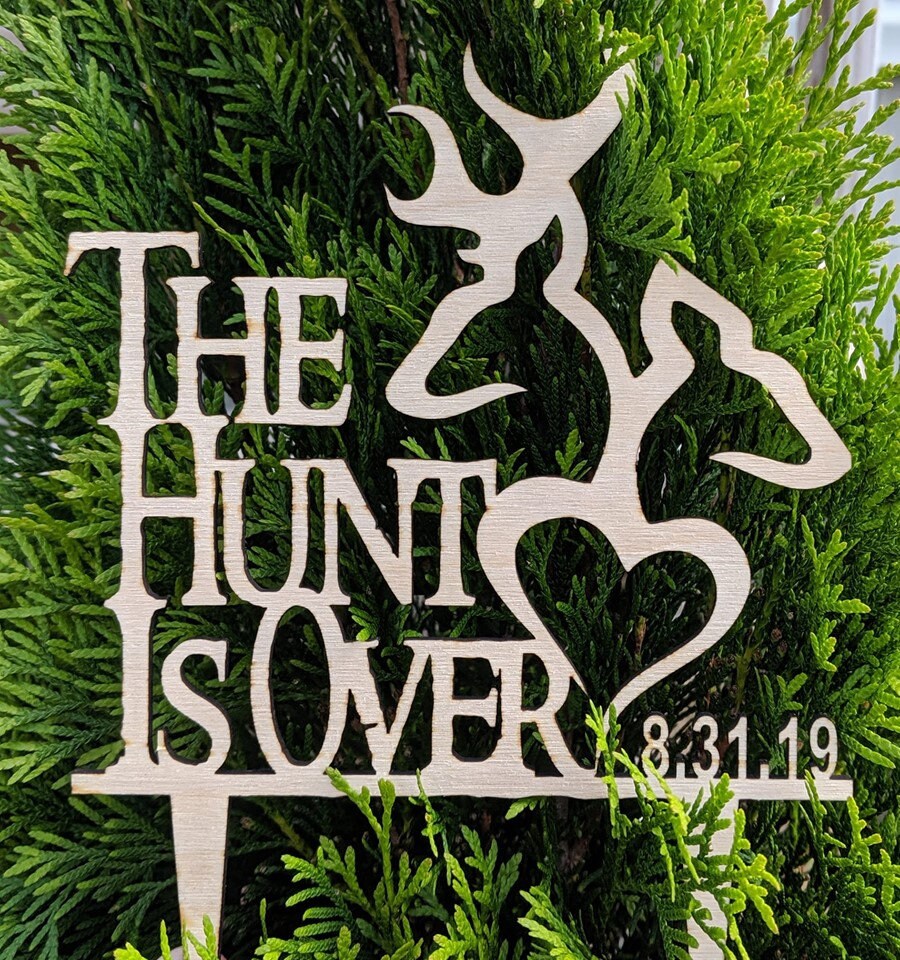 Personalized "The Hunt is Over" Wedding Cake Topper: Rustic Deer Cake Decoration