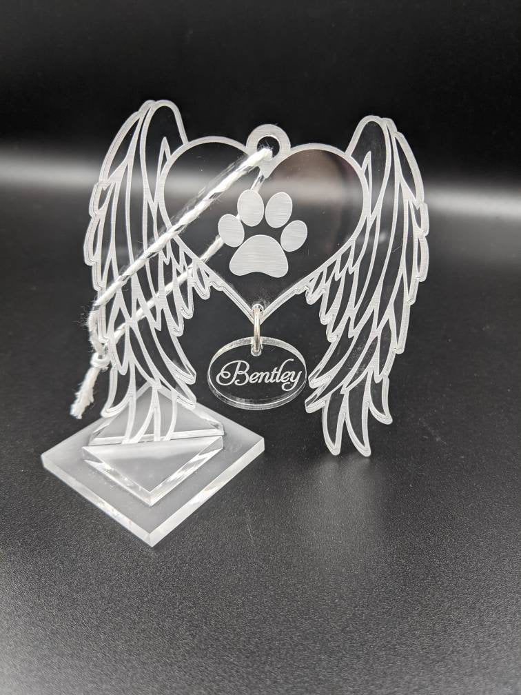 Personalized Pet Memorial Ornament: Acrylic Dog Angel Wings, Engraved Name