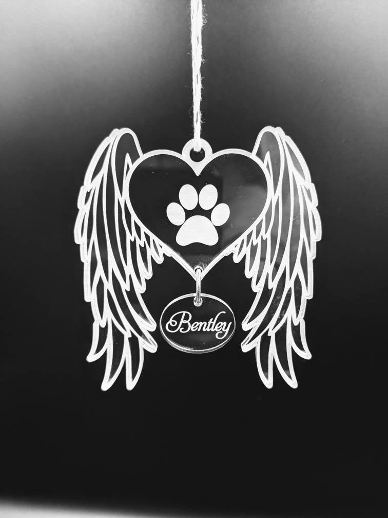 Personalized Pet Memorial Ornament: Acrylic Dog Angel Wings, Engraved Name