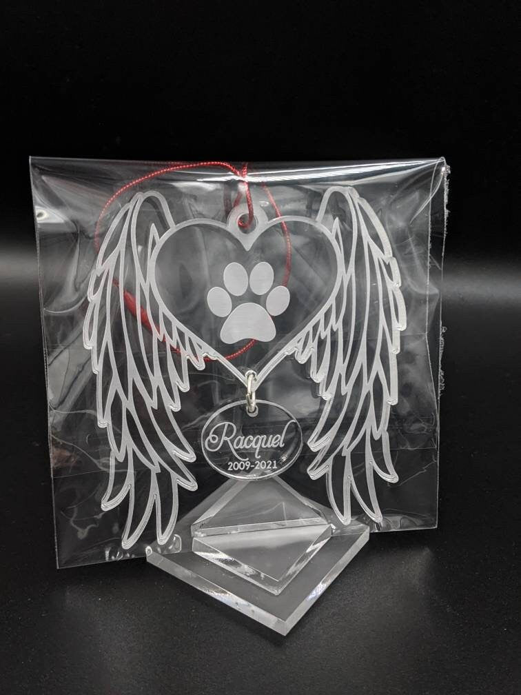Personalized Pet Memorial Ornament: Acrylic Dog Angel Wings, Engraved Name