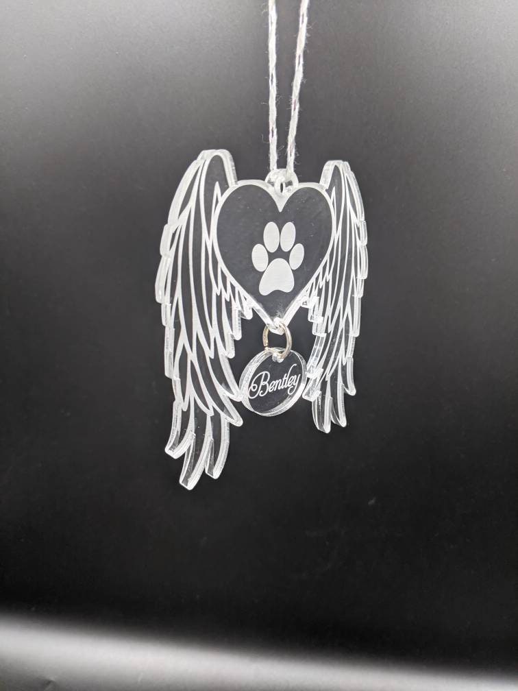 Personalized Pet Memorial Ornament: Acrylic Dog Angel Wings, Engraved Name
