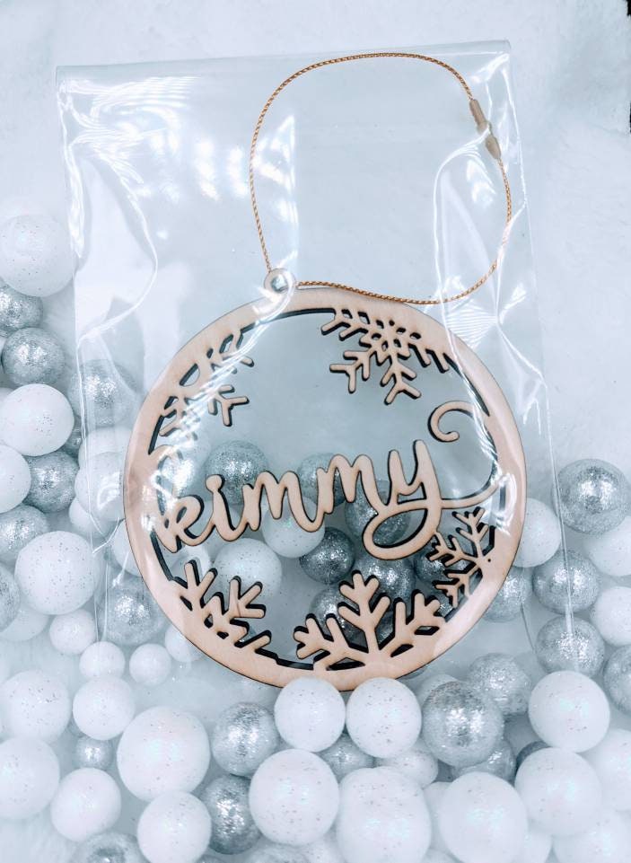 Christmas Wood or Acrylic Tree Ornament, Gift Present tags, Snowflake, Place Cards Stocking Name, Rustic, Laser Cut, Personalized Custom DIY
