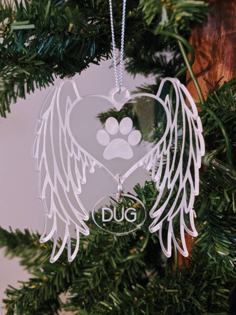 Personalized Pet Memorial Ornament: Acrylic Dog Angel Wings, Engraved Name
