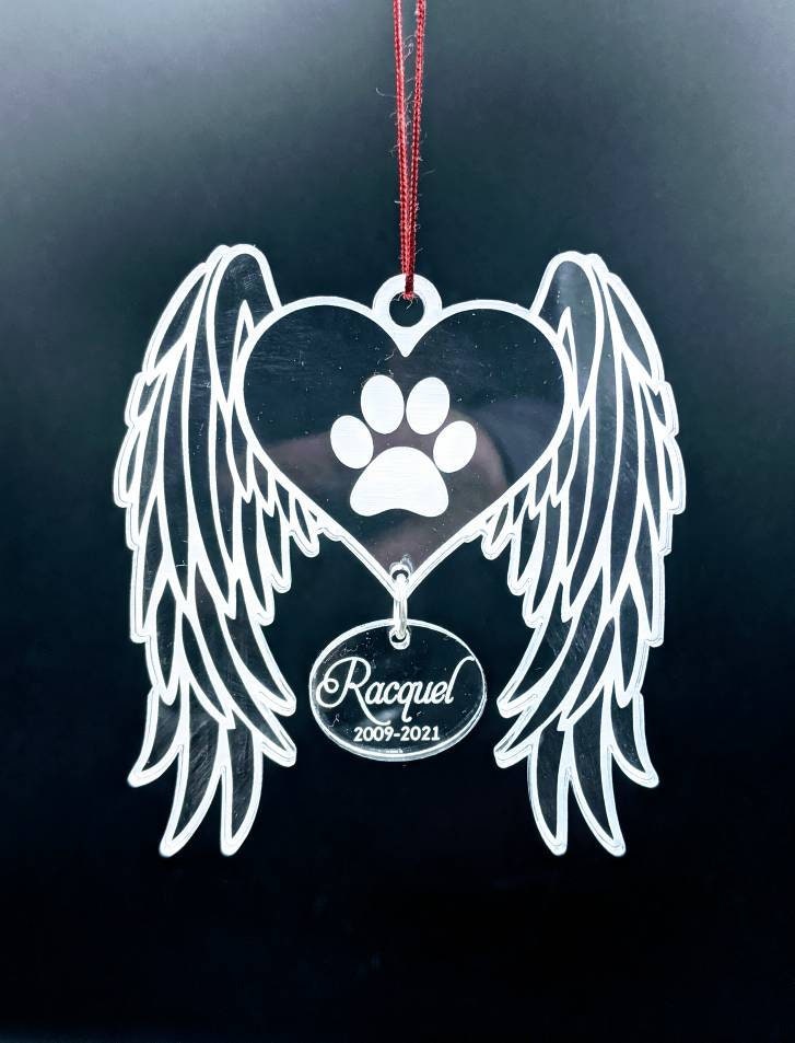 Personalized Pet Memorial Ornament: Acrylic Dog Angel Wings, Engraved Name