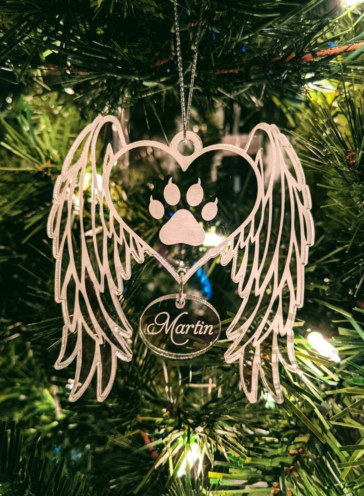 Personalized Pet Memorial Ornament: Acrylic Dog Angel Wings, Engraved Name