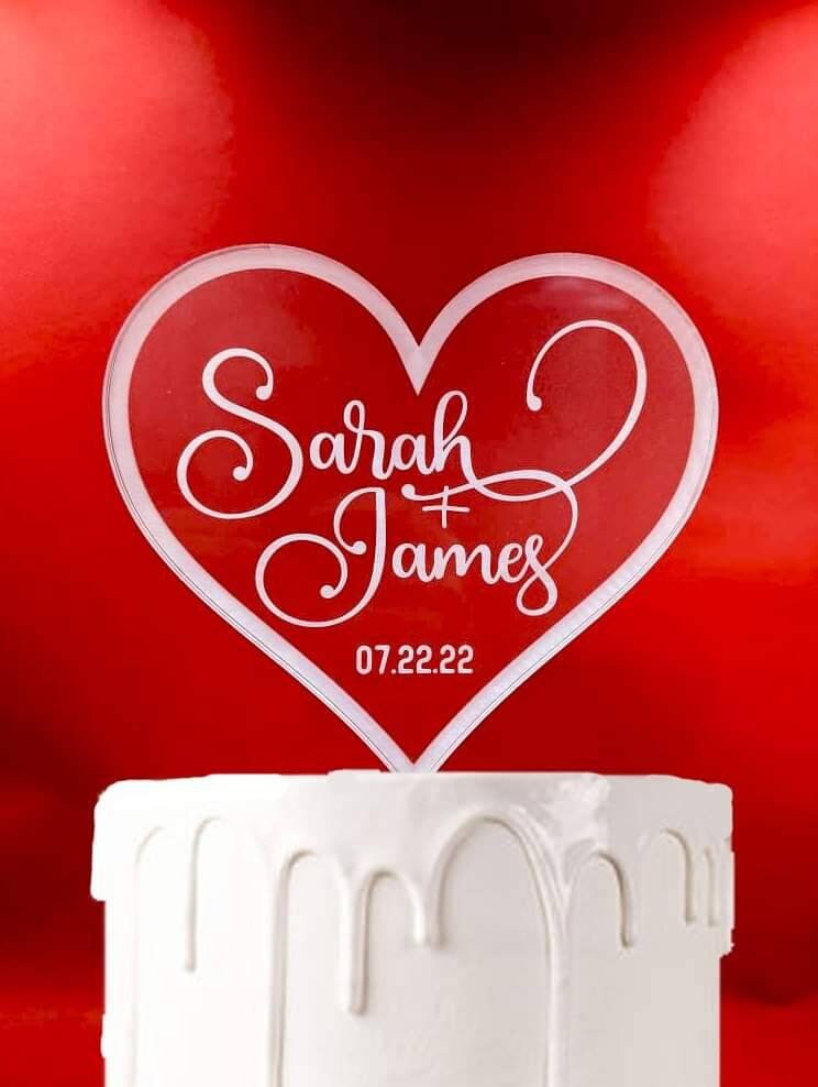 Engraved Frosted Acrylic Heart Cake Topper: Personalized Wedding or Birthday
