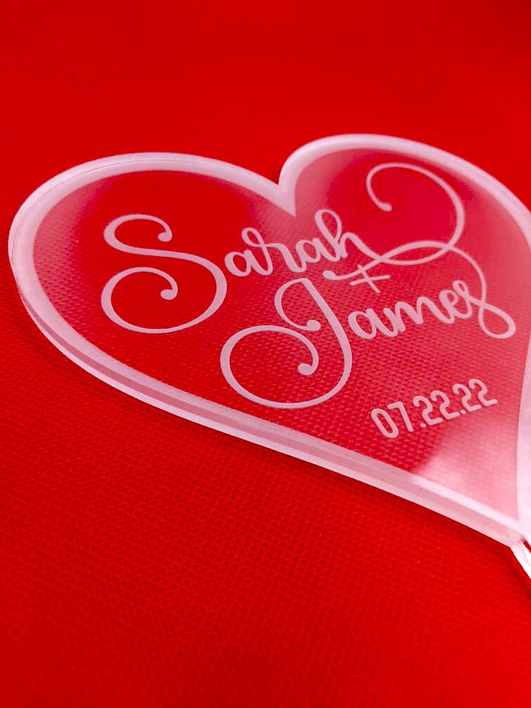 Engraved Frosted Acrylic Heart Cake Topper: Personalized Wedding or Birthday