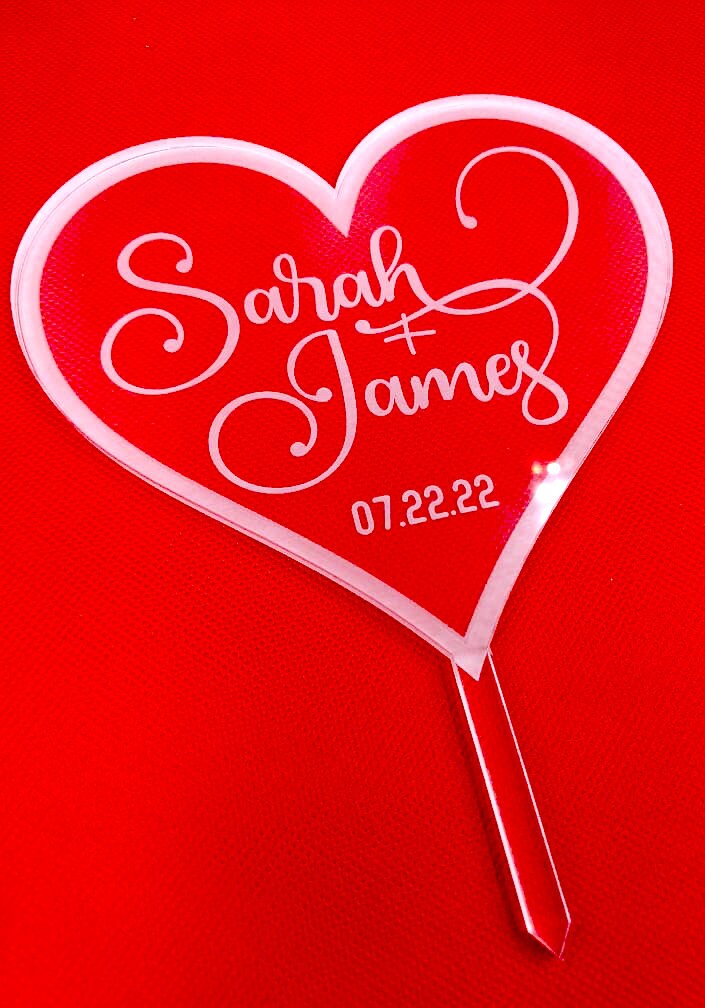 Engraved Frosted Acrylic Heart Cake Topper: Personalized Wedding or Birthday