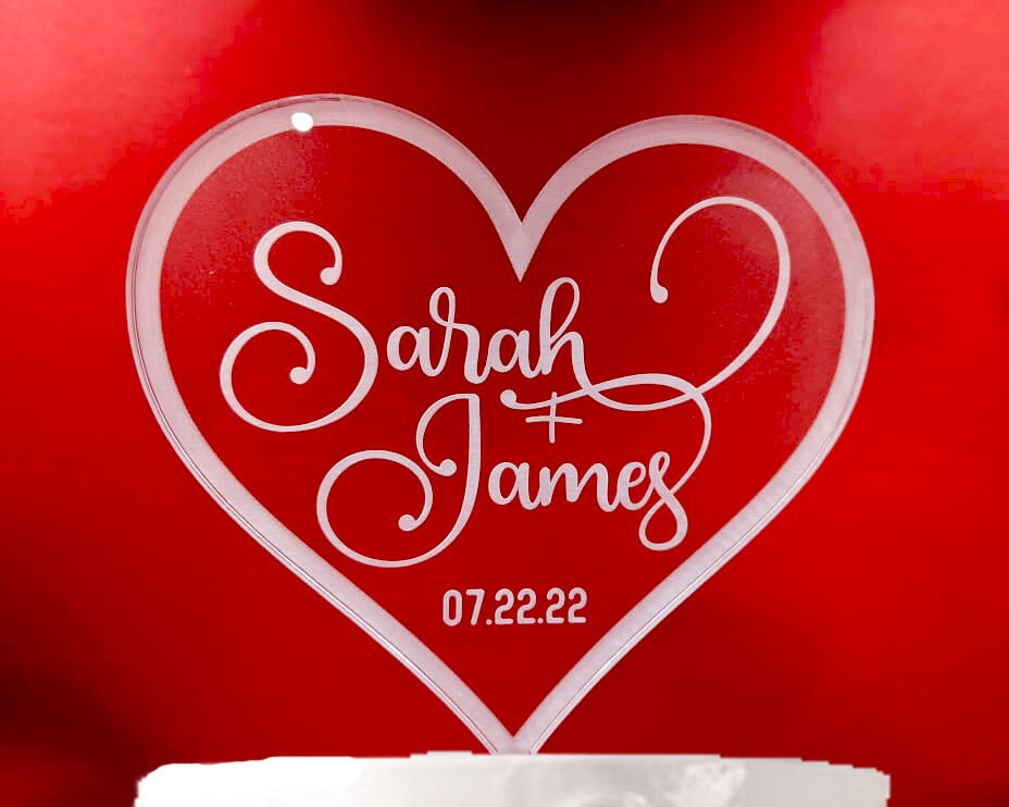 Engraved Frosted Acrylic Heart Cake Topper: Personalized Wedding or Birthday