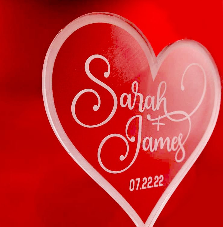 Engraved Frosted Acrylic Heart Cake Topper: Personalized Wedding or Birthday