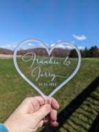 Engraved Frosted Acrylic Heart Cake Topper: Personalized Wedding or Birthday