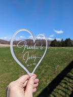 Engraved Frosted Acrylic Heart Cake Topper: Personalized Wedding or Birthday
