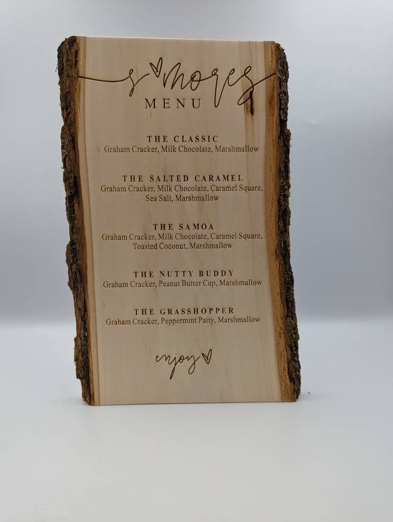 Engraved Wood S'mores Menu Sign: Rustic Camp Bar Decor
