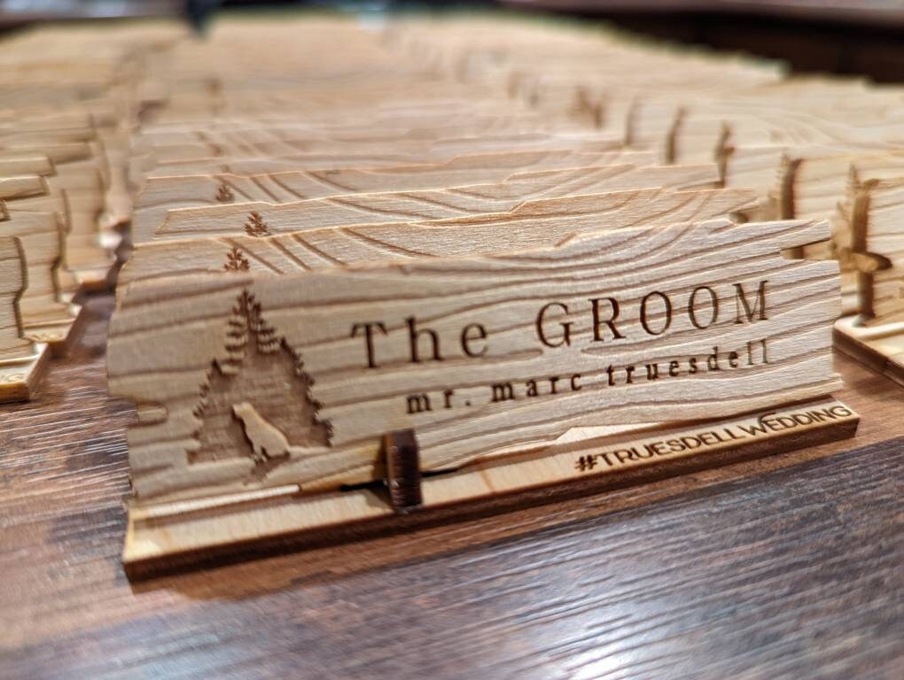 Engraved Rustic Wood Place Card: Outdoor Wedding Seating