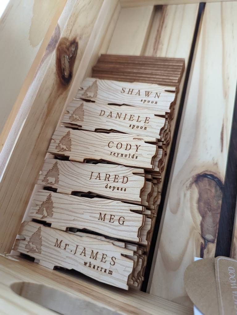 Engraved Rustic Wood Place Card: Outdoor Wedding Seating
