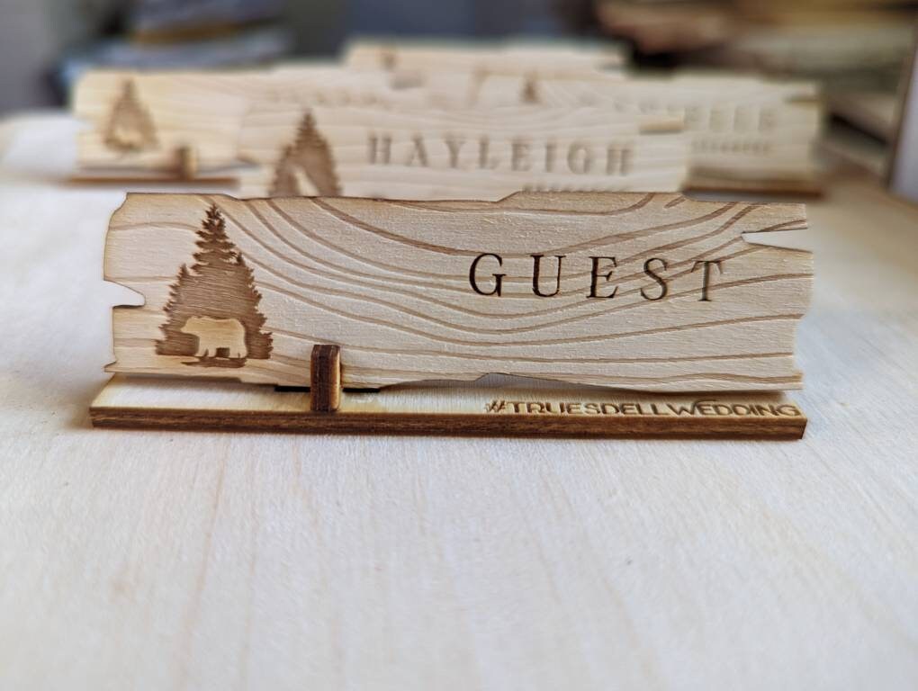 Engraved Rustic Wood Place Card: Outdoor Wedding Seating