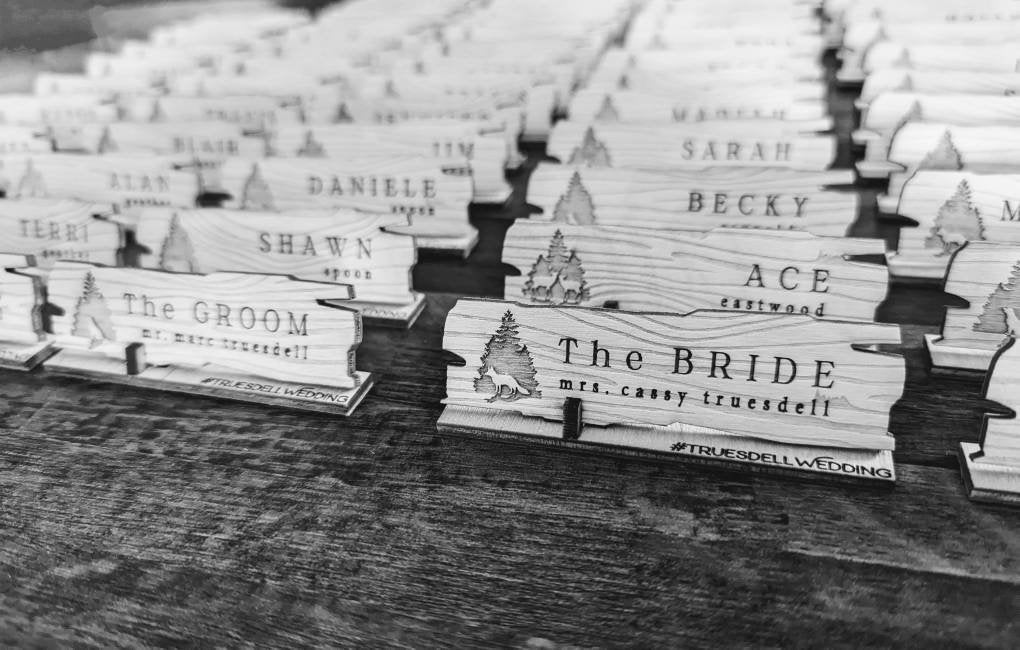 Engraved Rustic Wood Place Card: Outdoor Wedding Seating