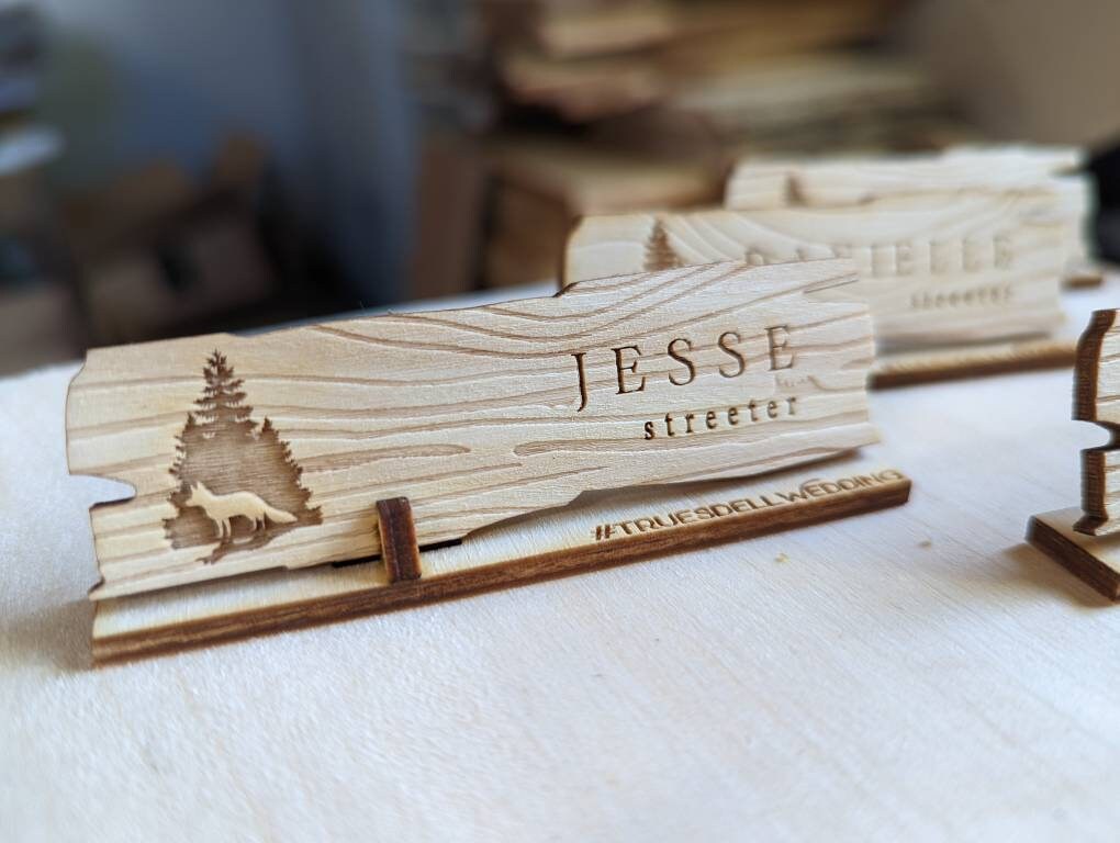 Engraved Rustic Wood Place Card: Outdoor Wedding Seating