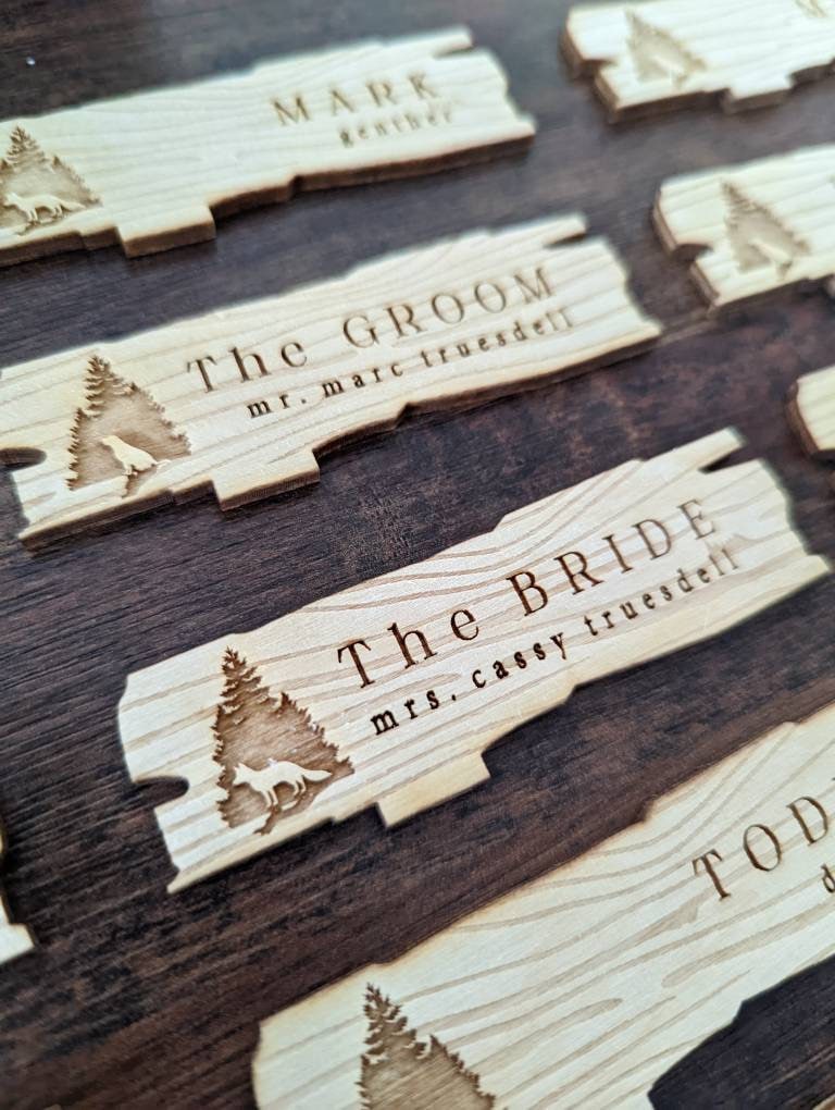 Engraved Rustic Wood Place Card: Outdoor Wedding Seating