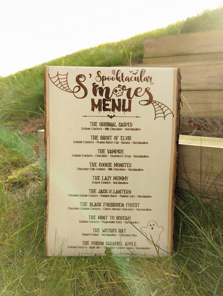 Laser Engraved S'mores Menu Sign: Rustic Halloween Decor