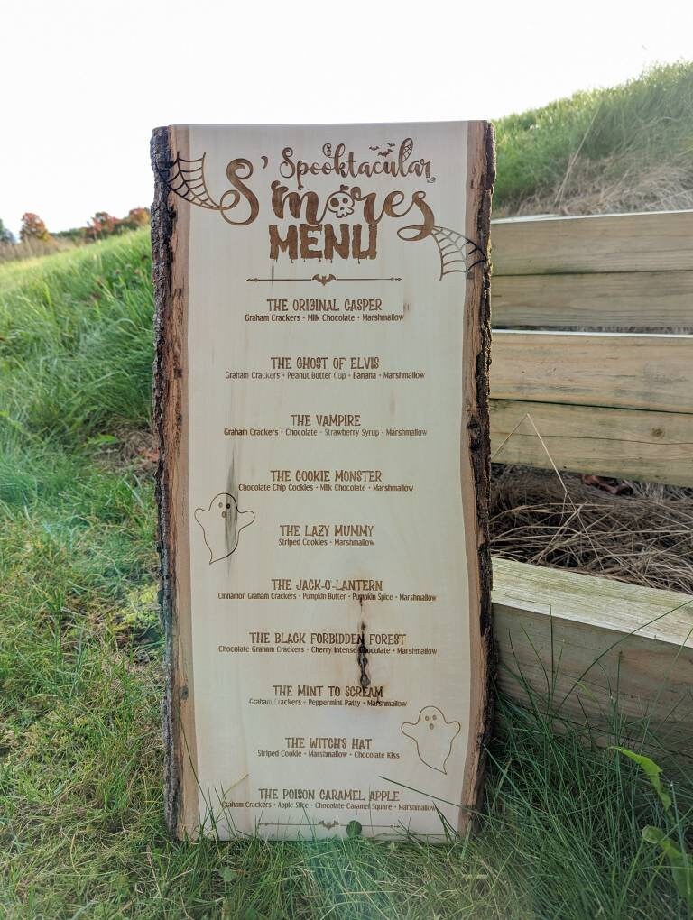 Laser Engraved S'mores Menu Sign: Rustic Halloween Decor