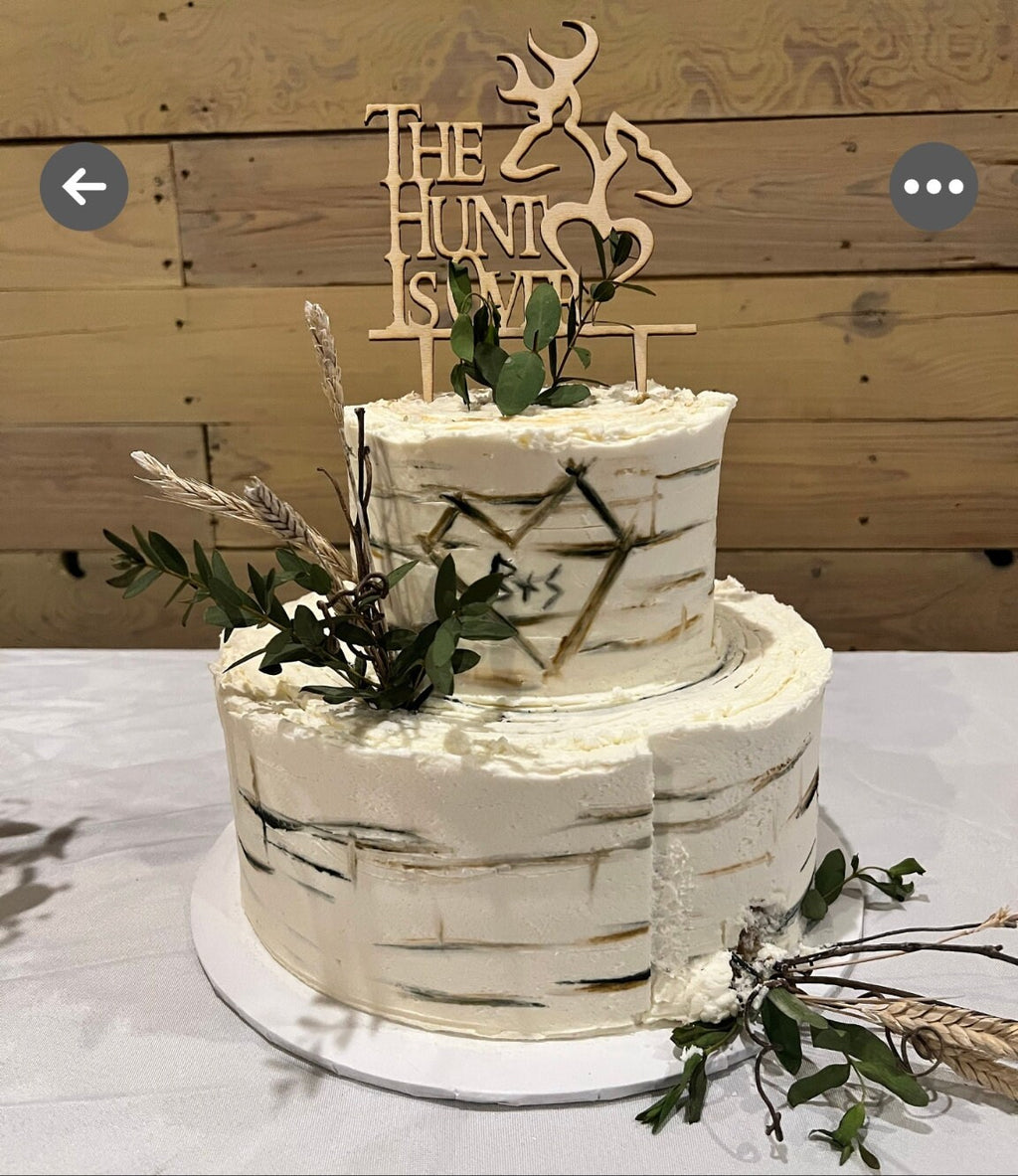 Personalized "The Hunt is Over" Wedding Cake Topper: Rustic Deer Cake Decoration