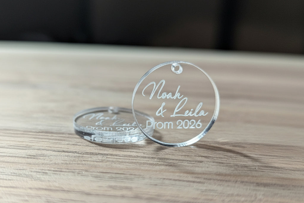 Personalized Floral Charm for Prom & Weddings | Custom Engraved Acrylic Bouquet Tag | Bridal Party Keepsake | Boutonniere & Corsage Accessory