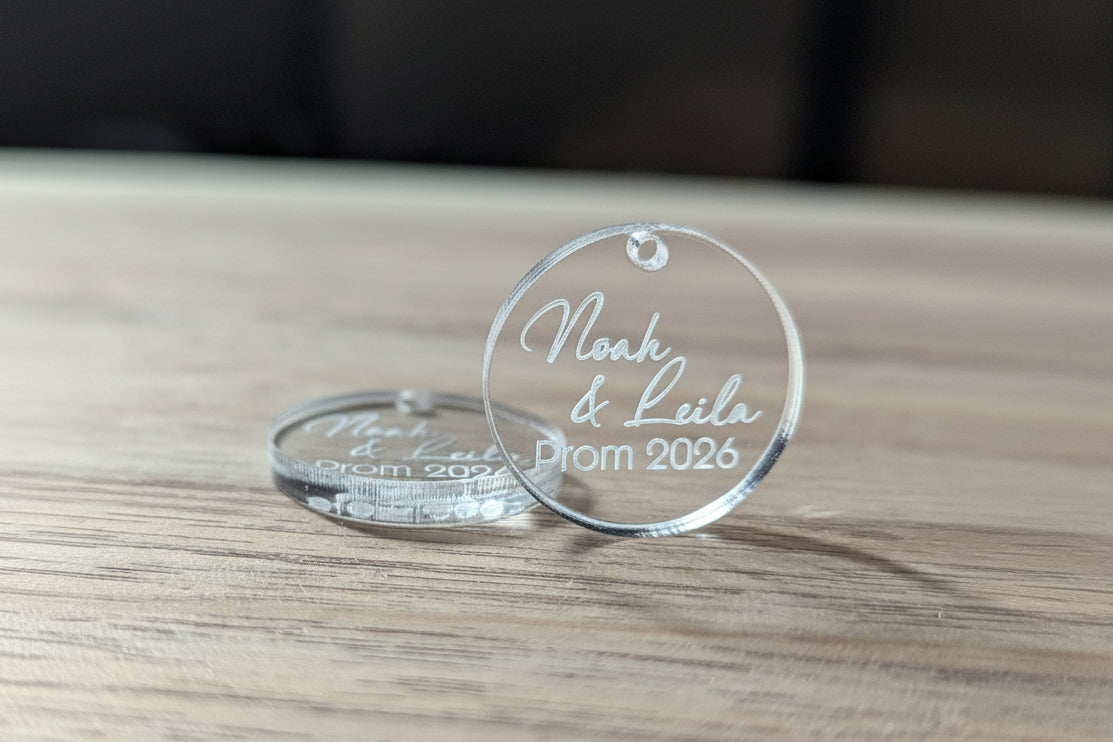 Personalized Floral Charm for Prom & Weddings | Custom Engraved Acrylic Bouquet Tag | Bridal Party Keepsake | Boutonniere & Corsage Accessory